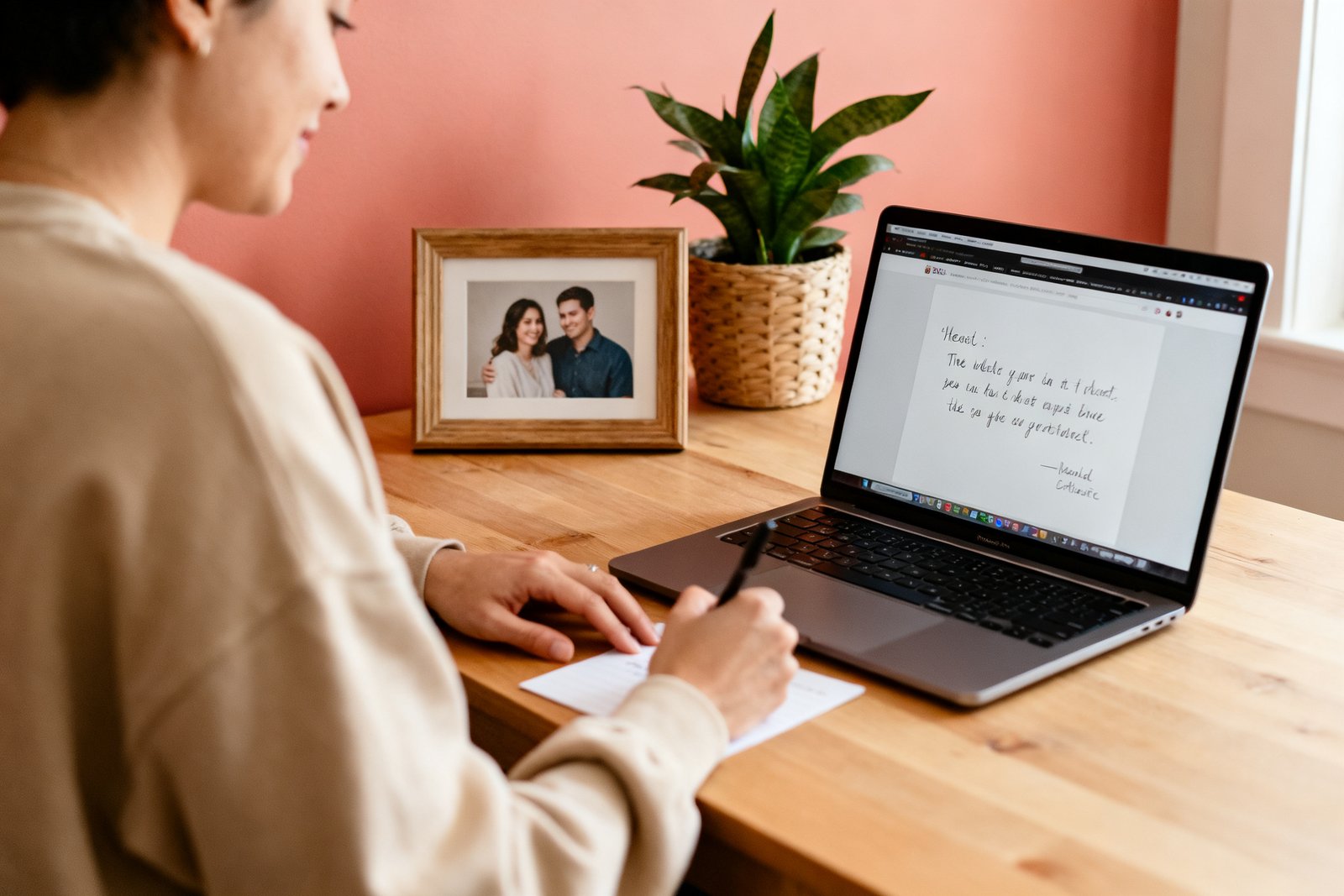 A person writing a heartfelt message to a distant partner