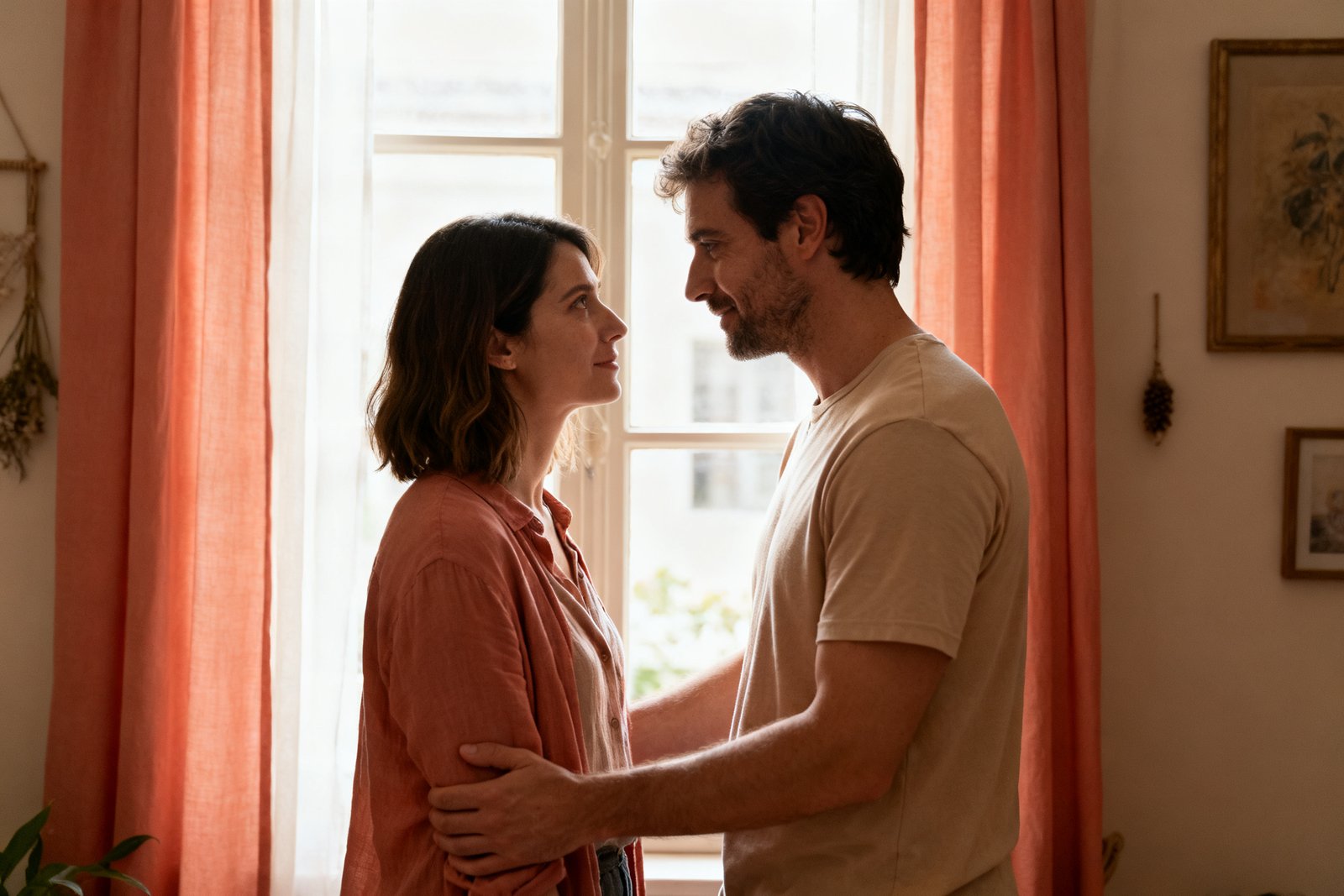 A couple reconnecting with soft eye contact by a window