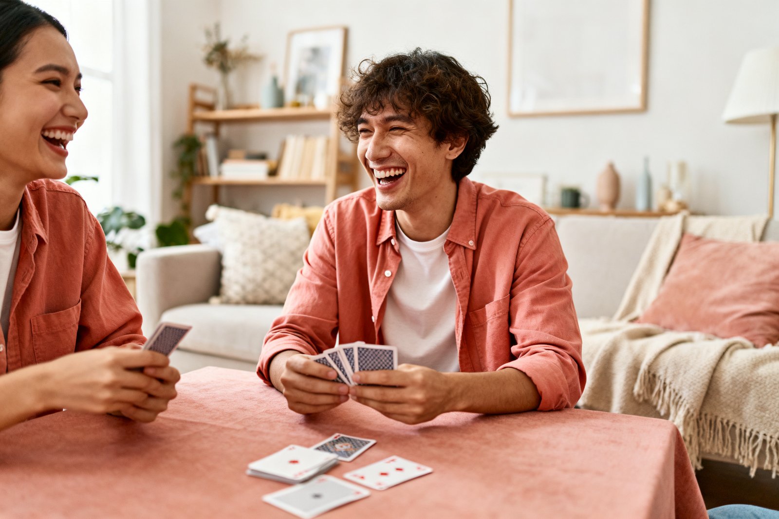 Two people laughing over a card game at home