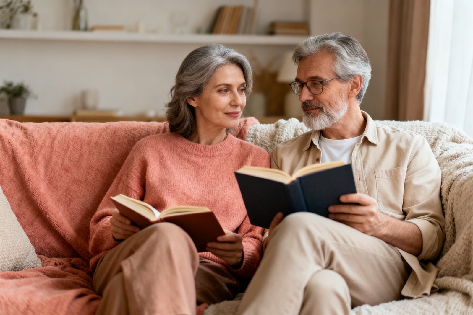 Partners sitting close and reading in comfortable silence