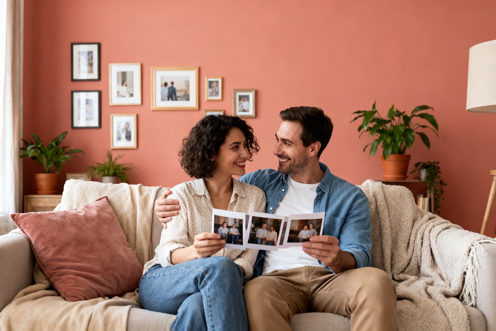A couple looking back at photos and smiling