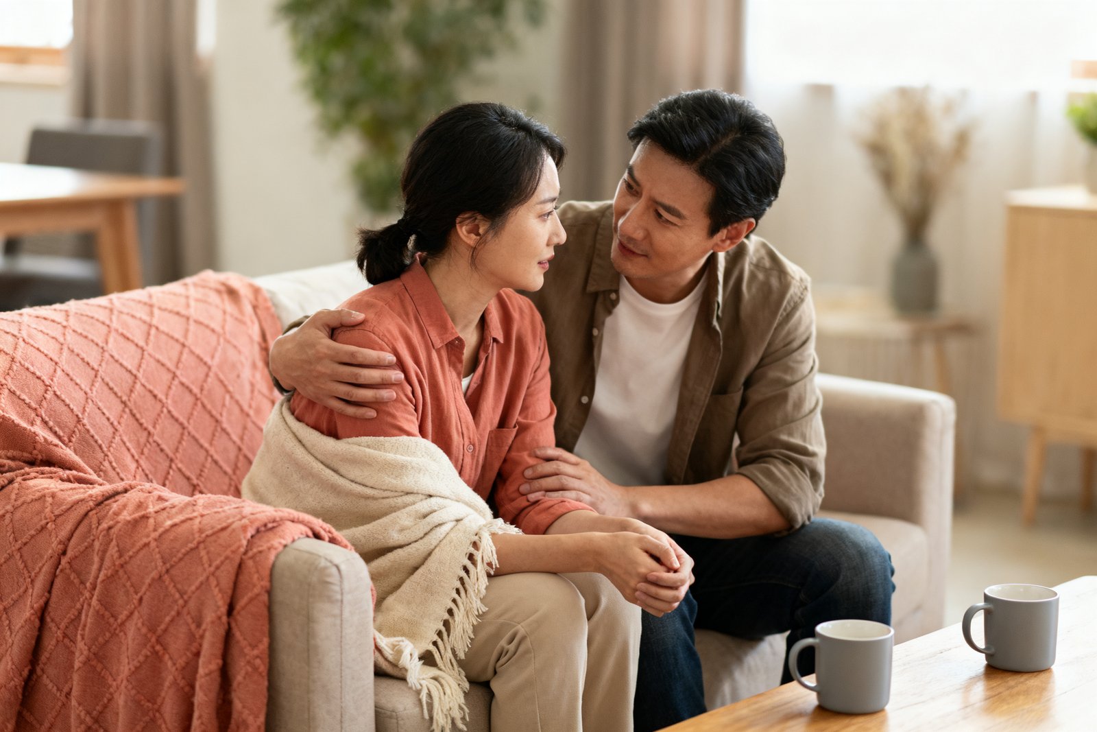 A couple having a caring, supportive conversation, one comforting the other gently