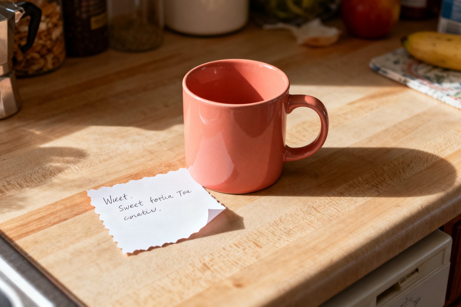 A sweet note left on a kitchen counter with a coffee mug