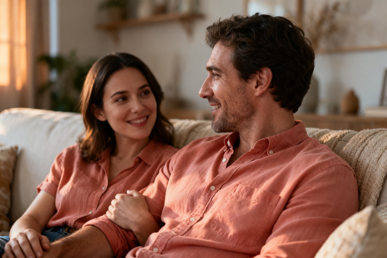 A couple unwinding together on the couch in soft evening light, sharing an easy conversation