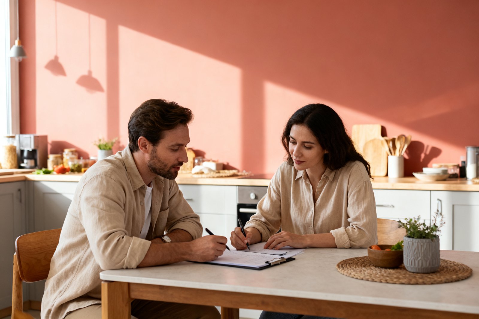 A couple calmly discussing a shared to-do at the kitchen table, collaborative mood