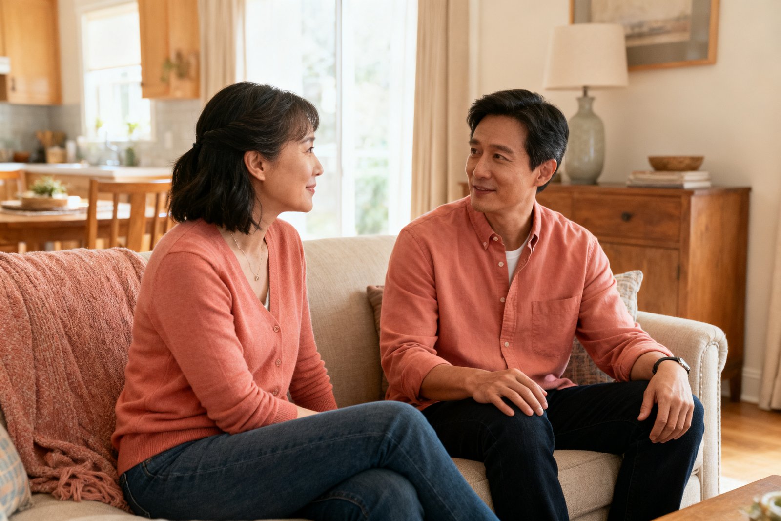 Two people talking softly and calmly on the sofa