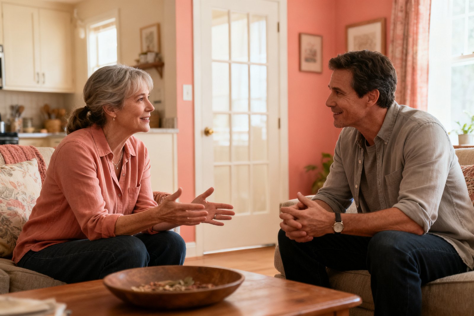 Two people talking kindly with open posture