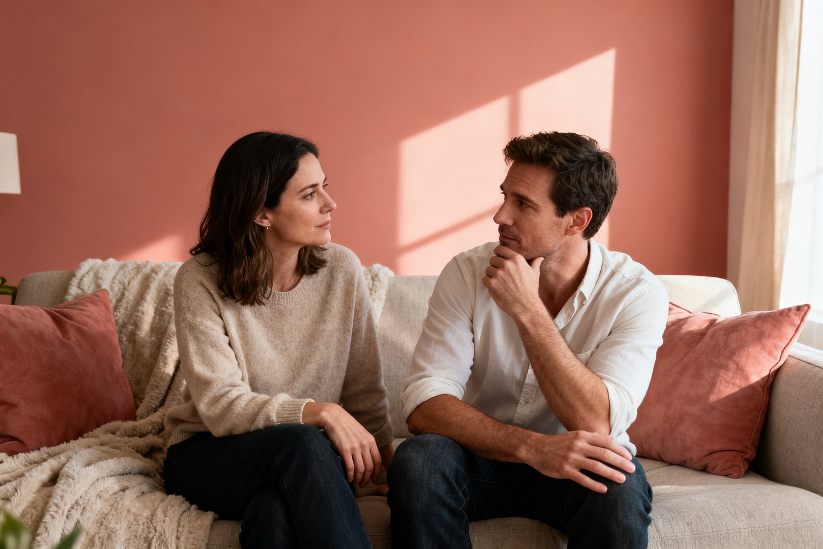 A couple having a calm, honest conversation about trust on a sofa, thoughtful