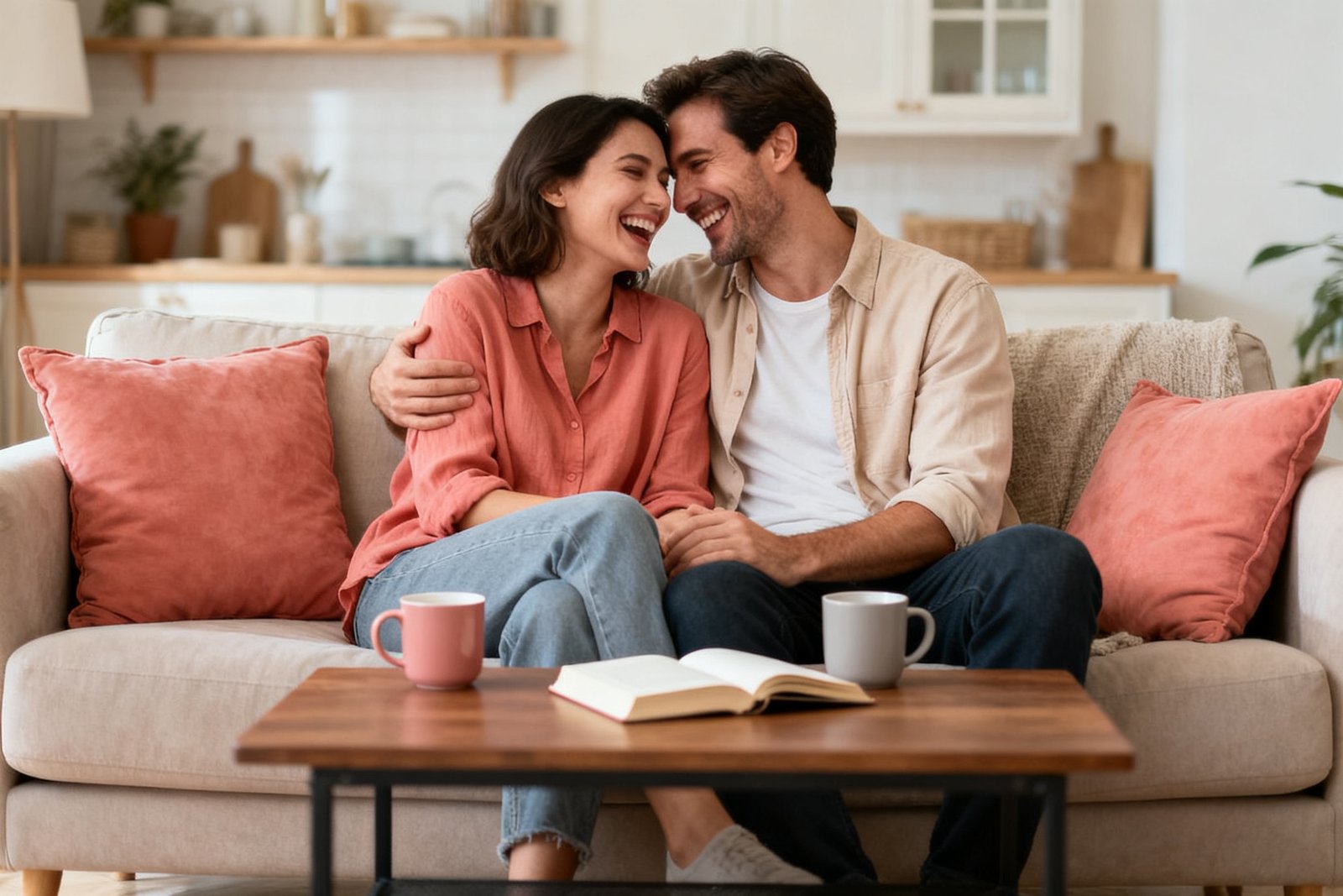 A couple on a cozy date at home, undistracted