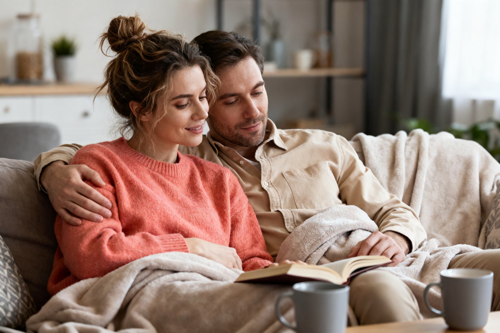 Partners lounging cozily on a slow weekend morning