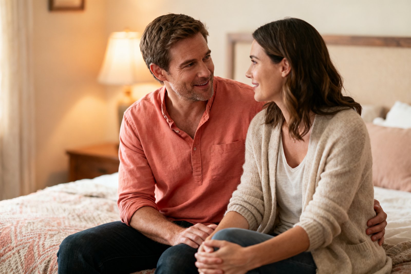 A couple chatting cozily with warm bedside lighting
