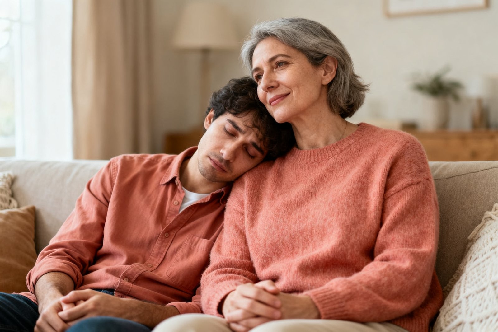 One partner offering a warm, patient presence while the other looks tired