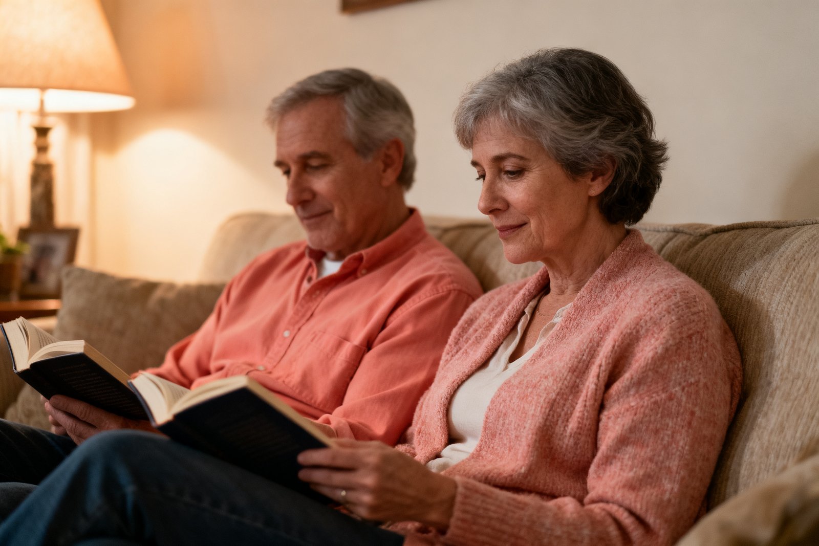 Two people reading side by side on a couch in the evening