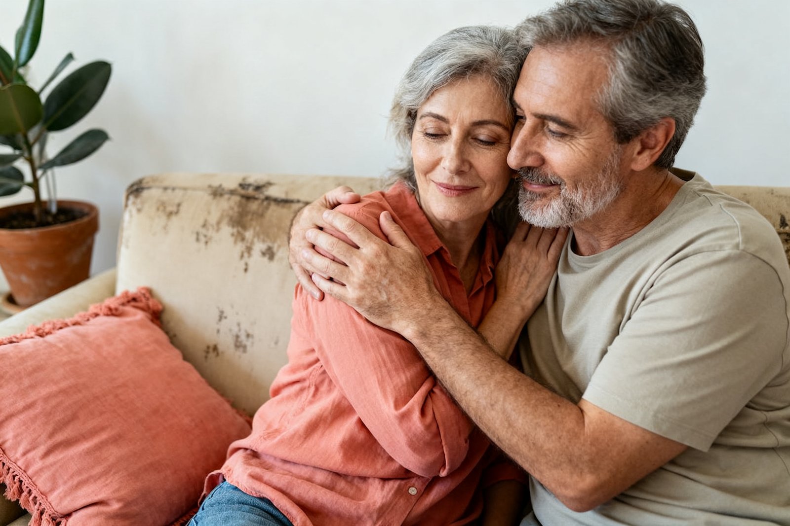 Two people comforting each other during a big life change
