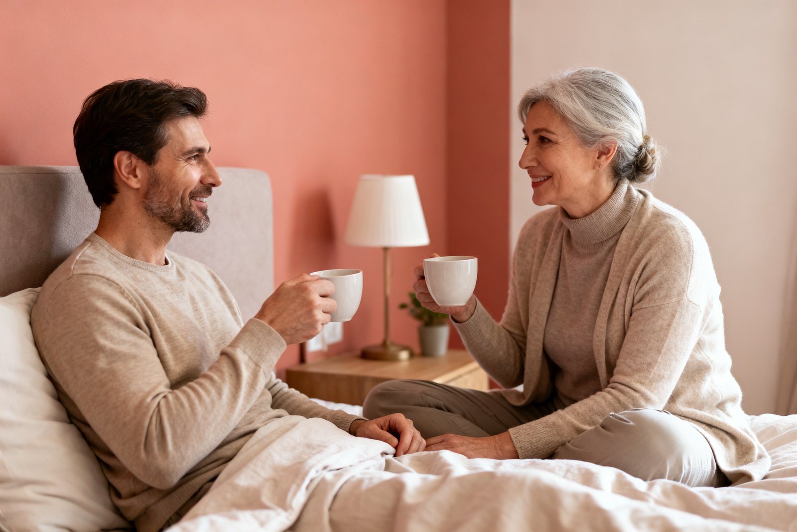 Two people sharing tea and quiet conversation before bed