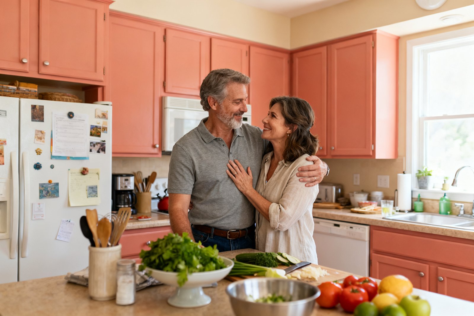 A married couple sharing a warm moment in a busy kitchen, pausing to connect amid the day