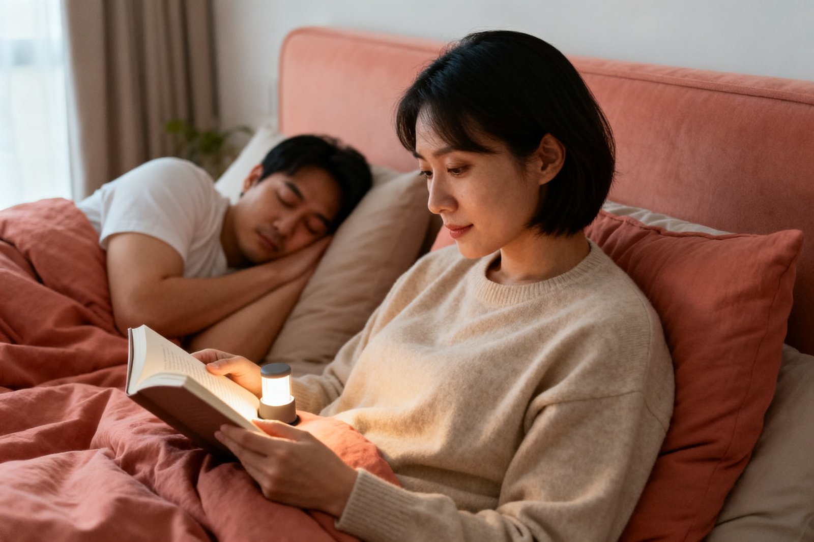 One partner sleeping while the other reads softly with a small book light