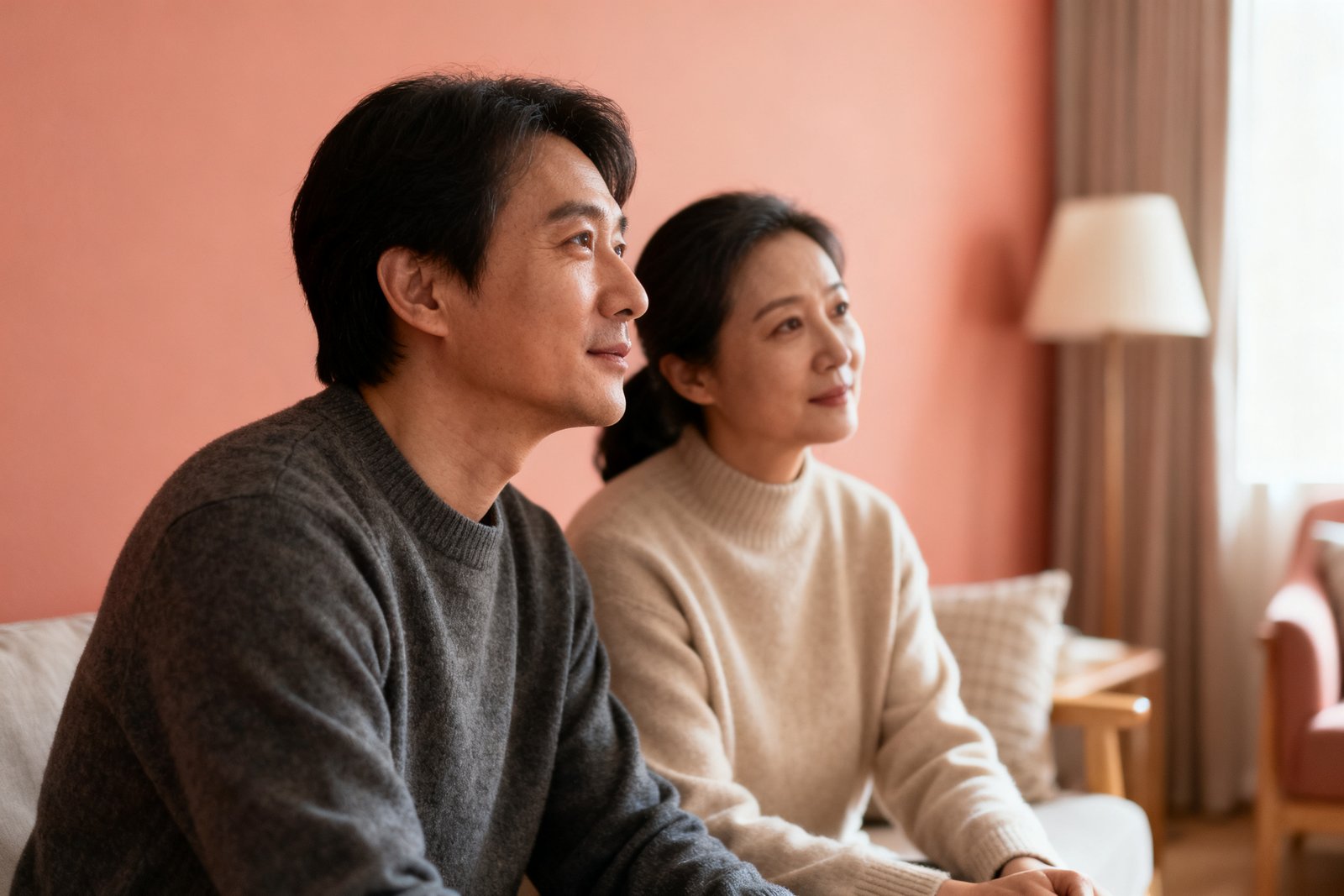 Two people sitting close together, patient and calm