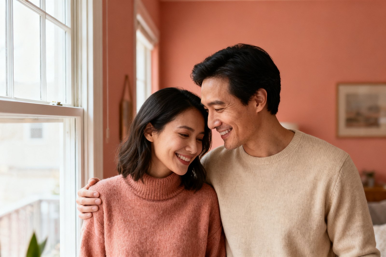 A couple smiling softly, rebuilding trust by a window