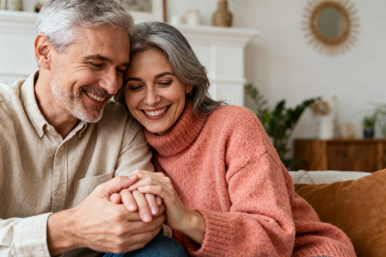 Two people holding hands and smiling closely