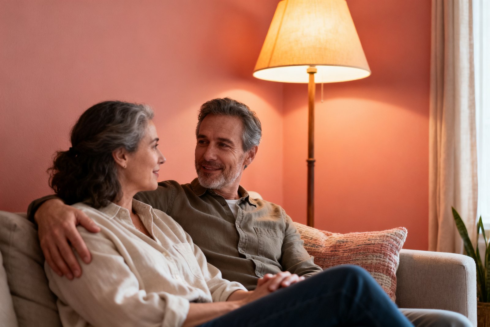 Partners talking softly under cozy lamp light in the evening