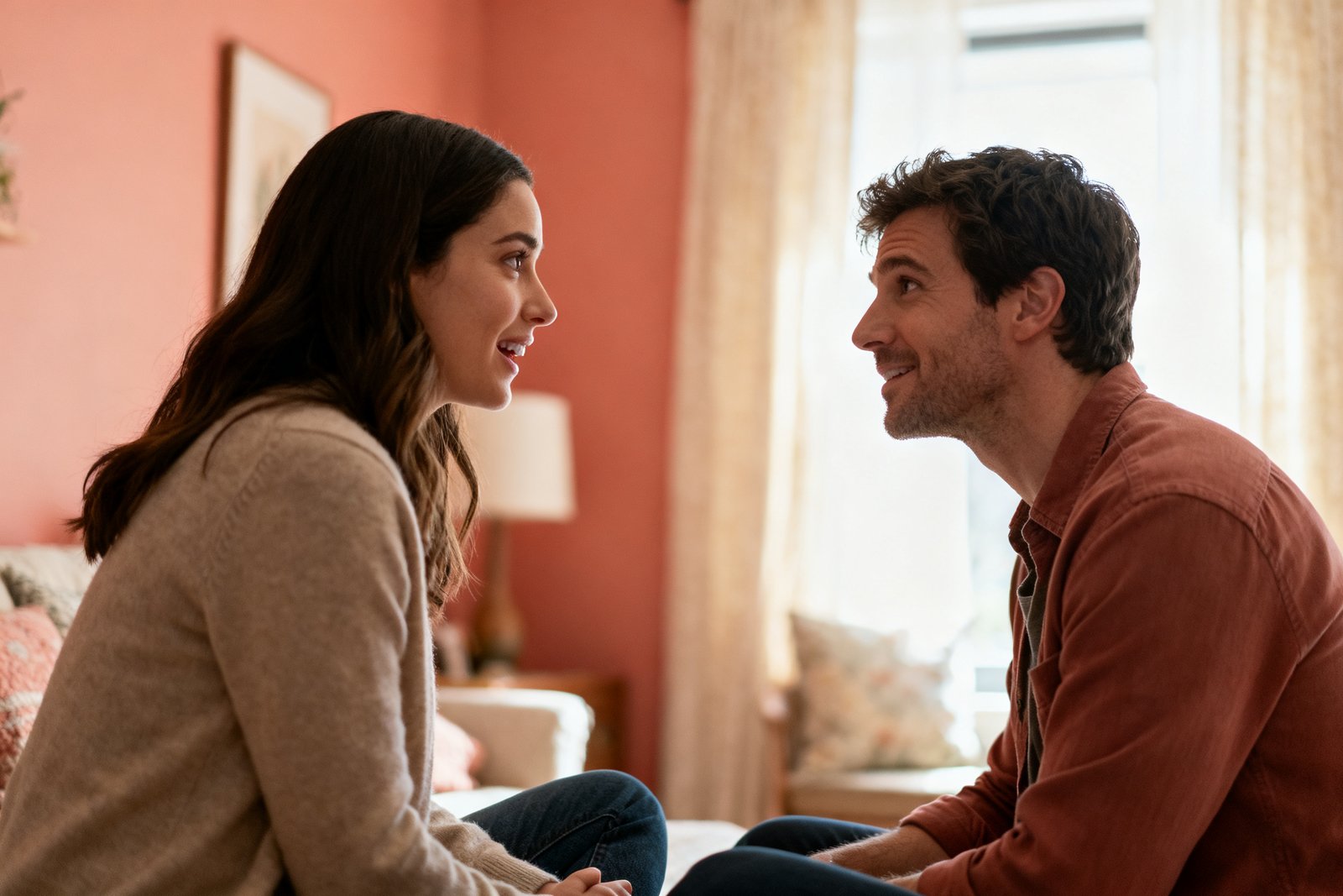 A couple sitting face to face asking each other questions, warm and playful