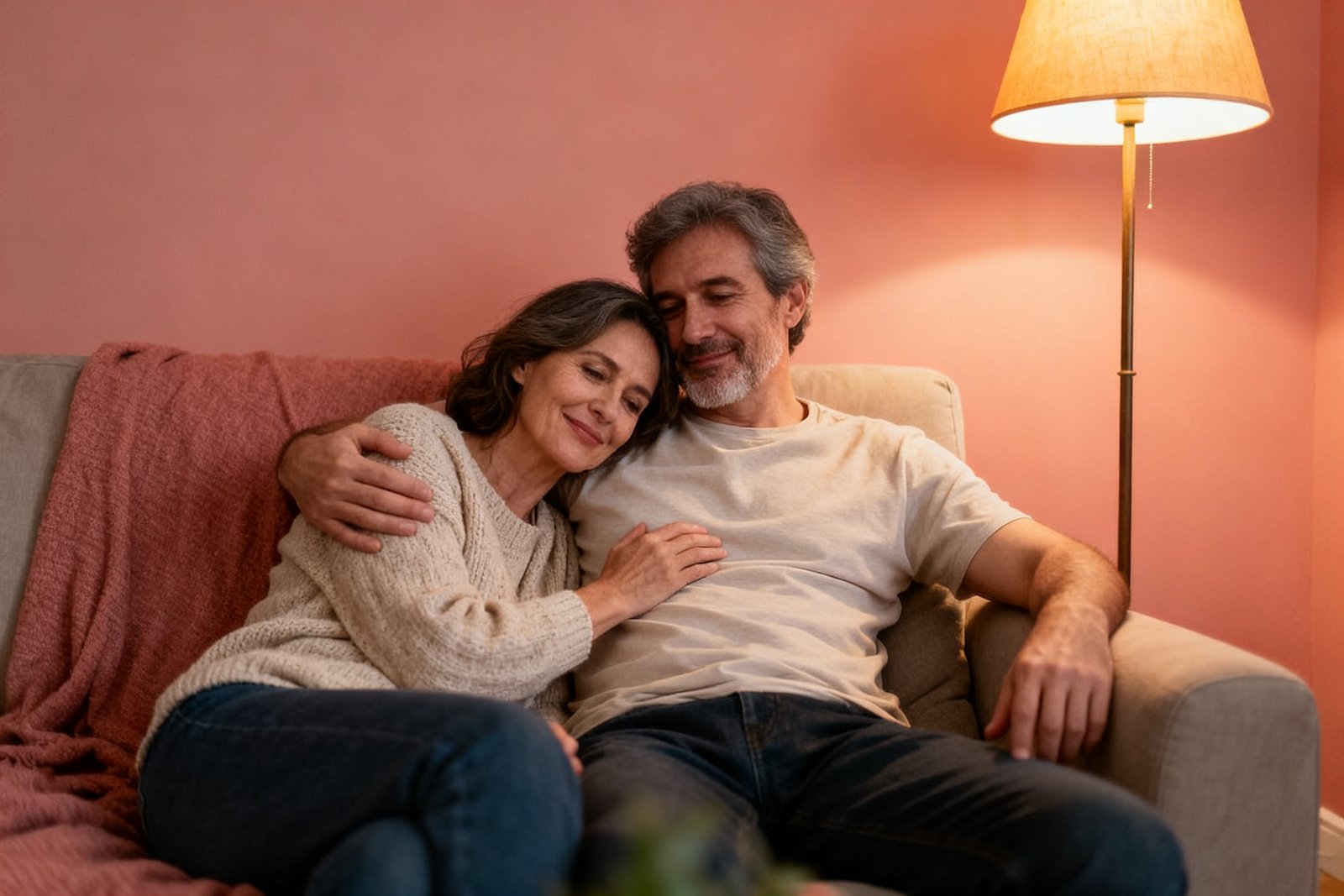 A couple relaxing together on the sofa in the evening under warm lamp light