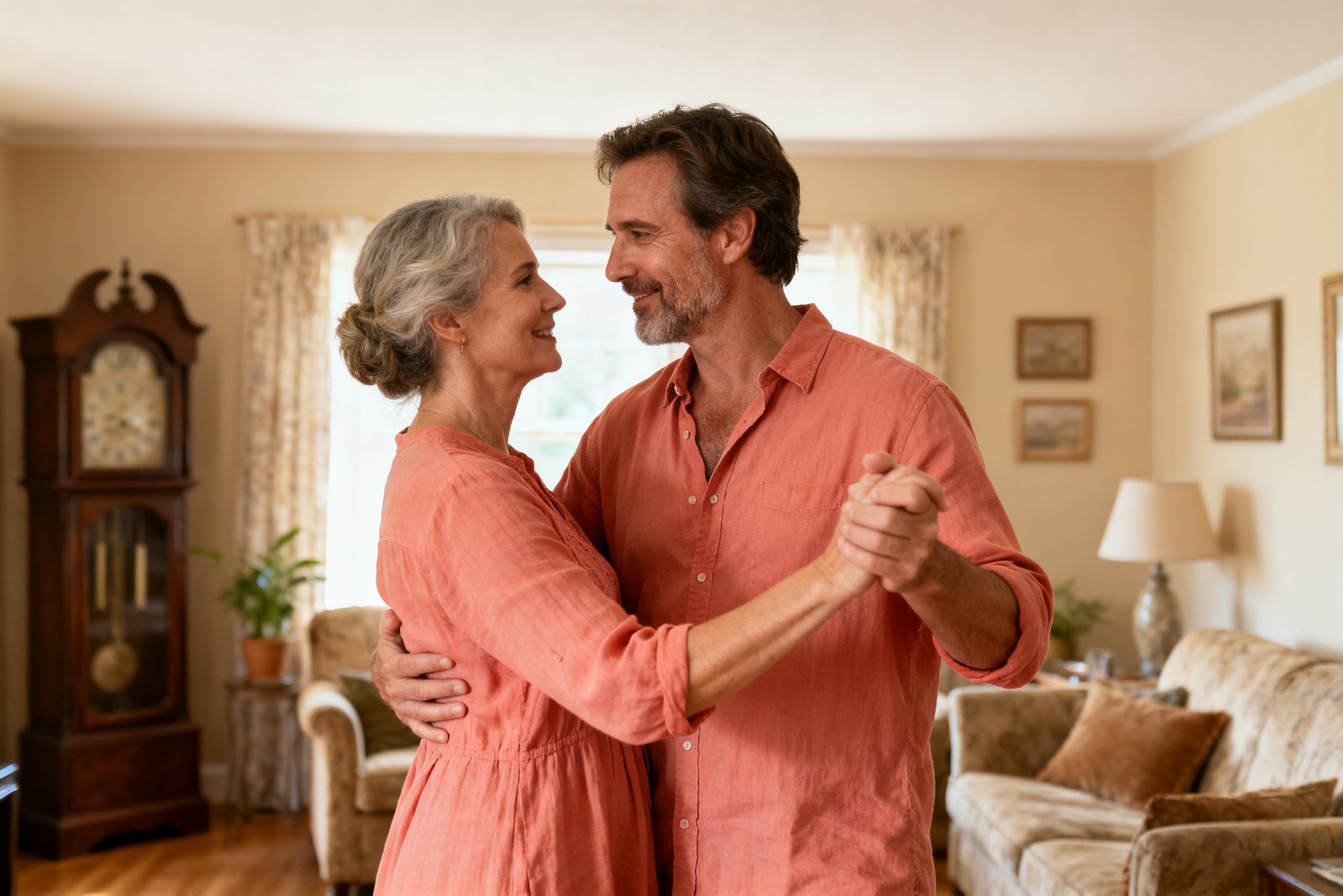 A couple dancing slowly in the living room in warm light