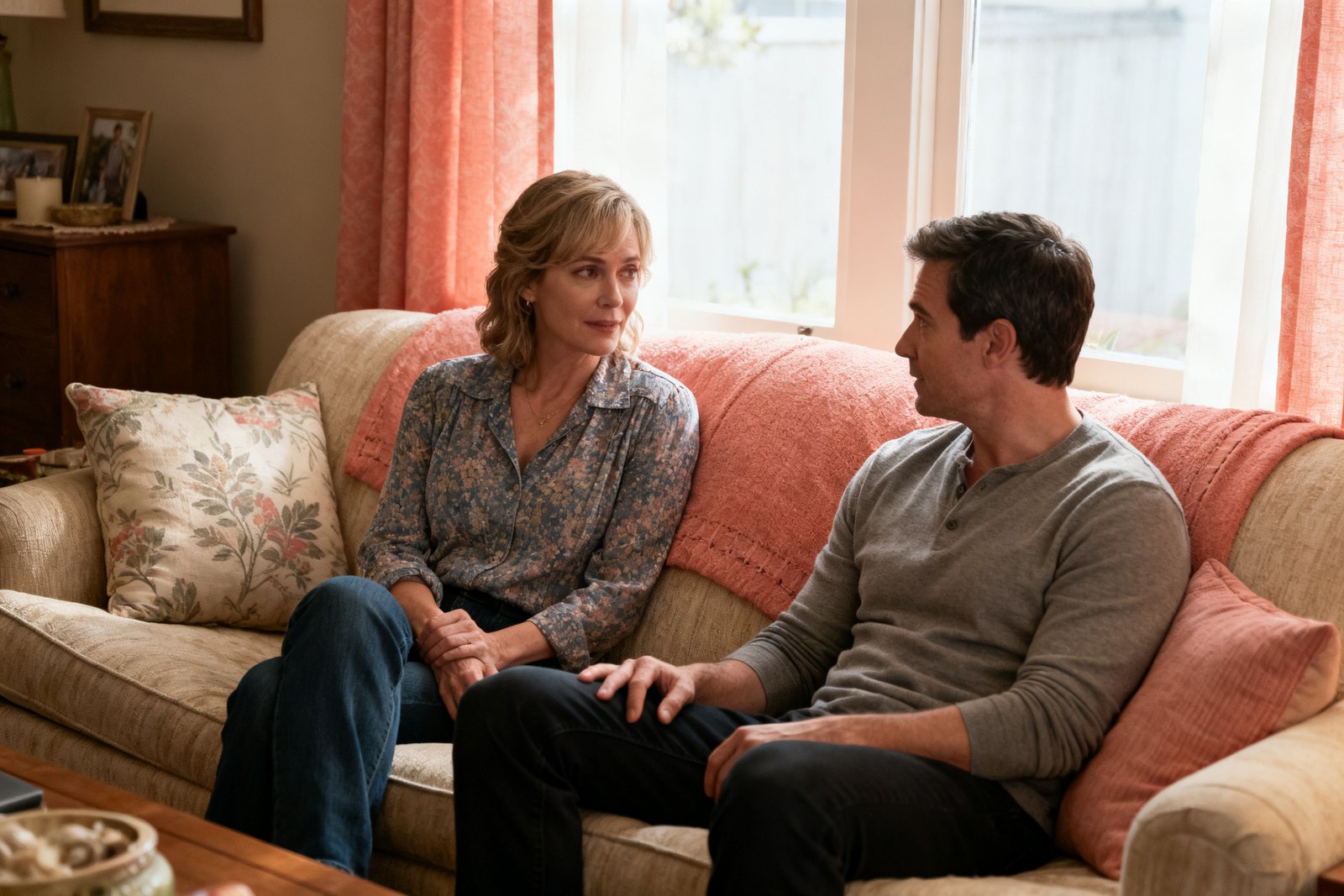 Two people in unhurried conversation on a sofa