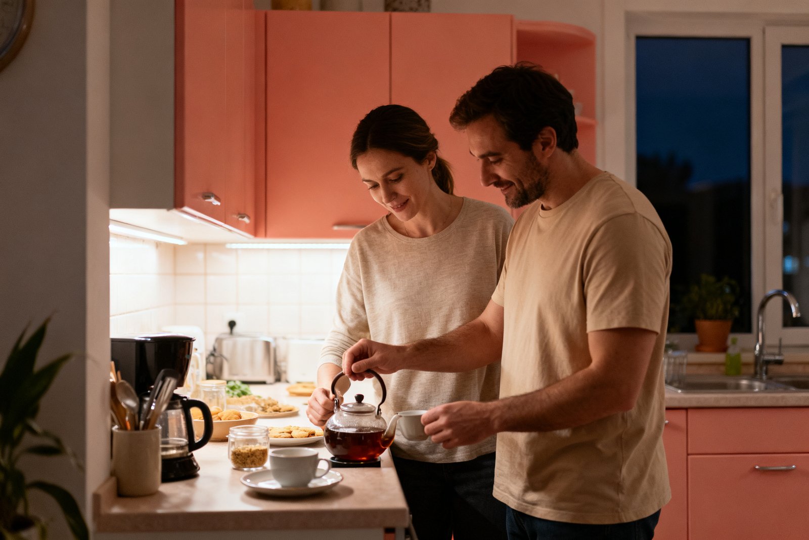 A couple making tea together in a softly lit kitchen at night