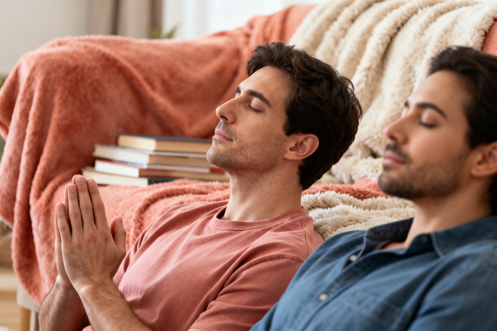 One partner taking a quiet, calming breath in a cozy room