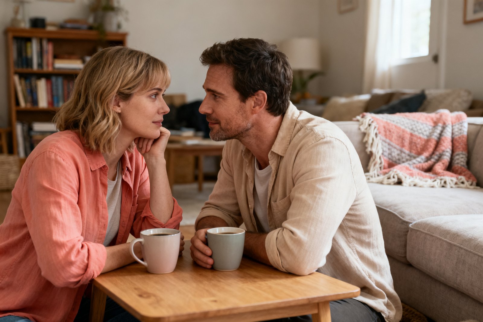 A couple having a thoughtful, tender conversation over coffee at home