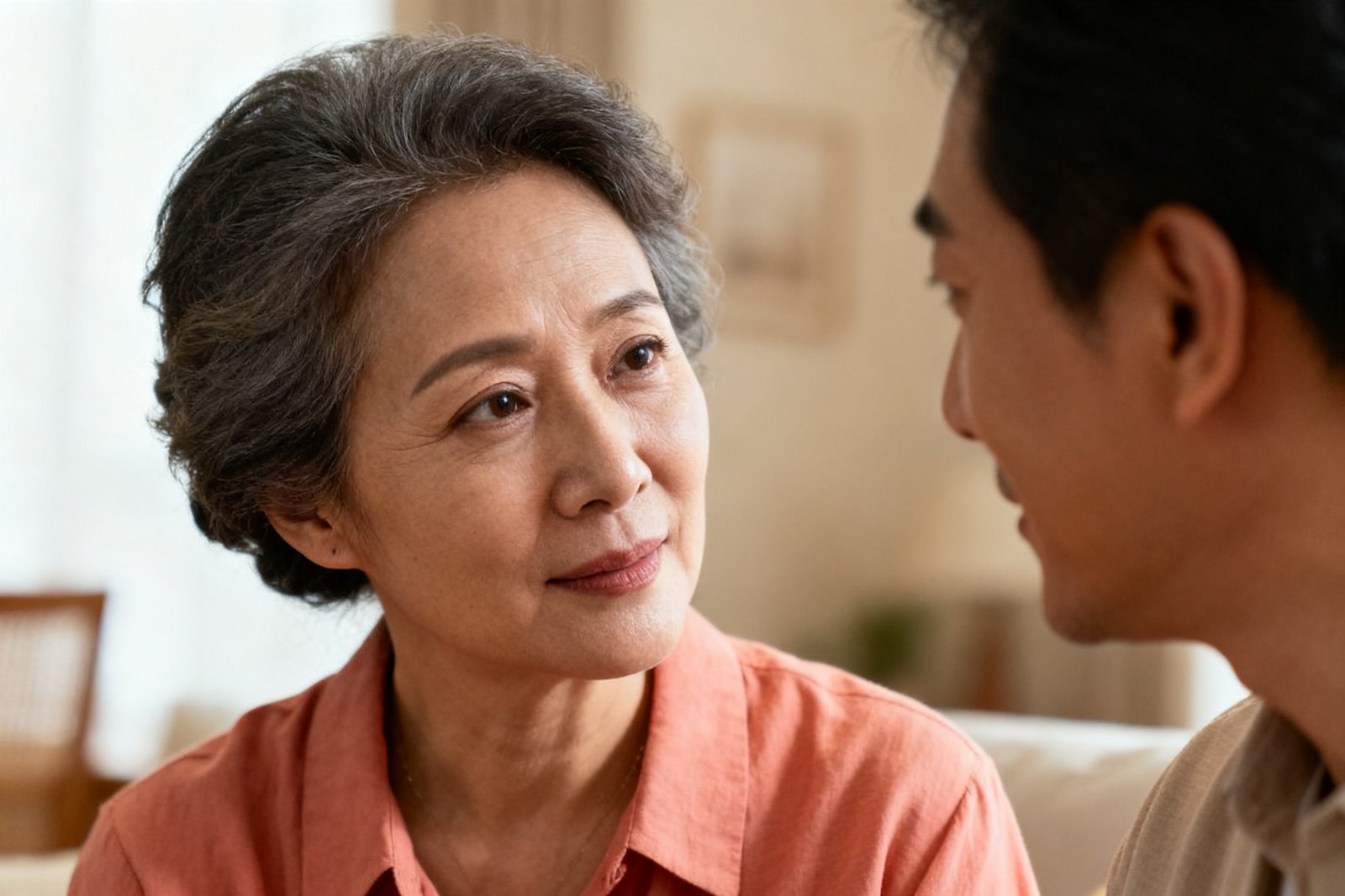 A close view of a couple in attentive, caring conversation