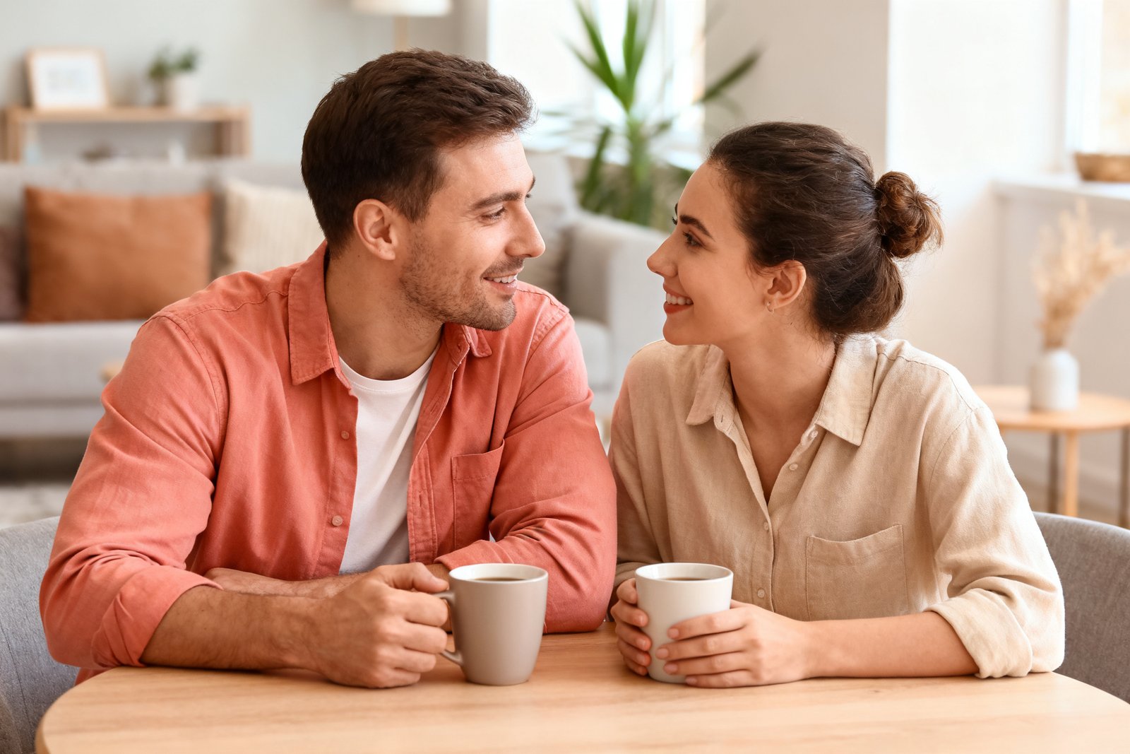 A couple exchanging a loving glance over coffee