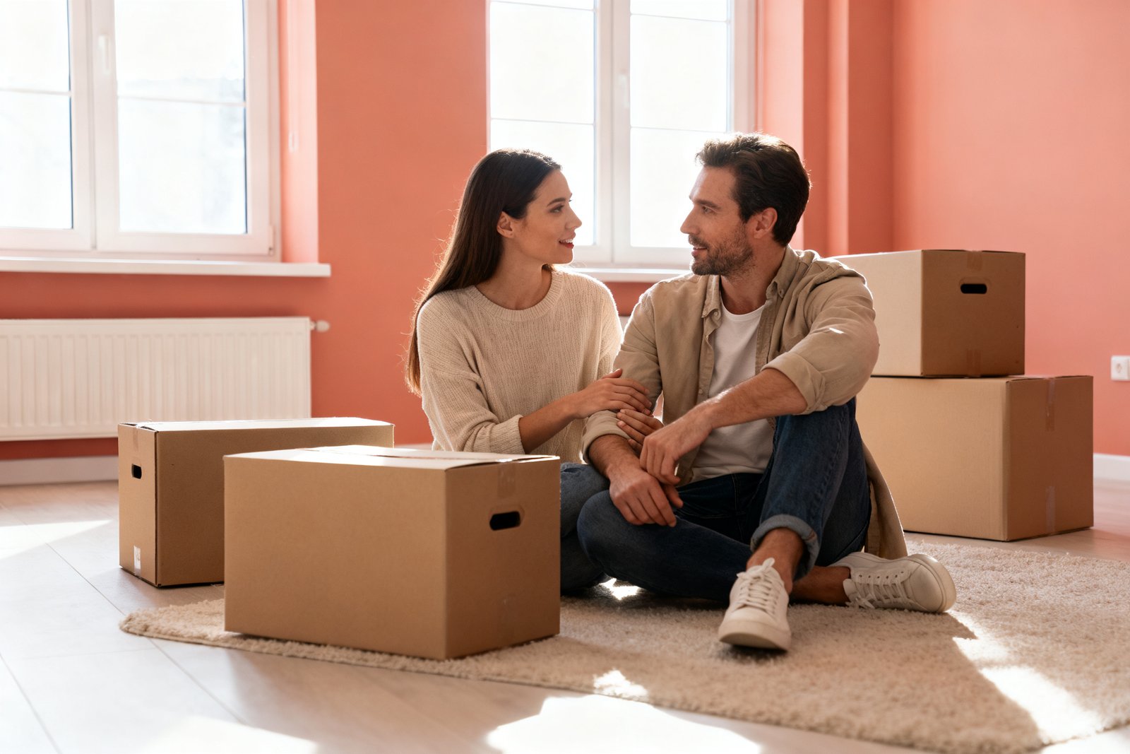 A couple sitting together amid a few moving boxes, talking supportively in a bright room
