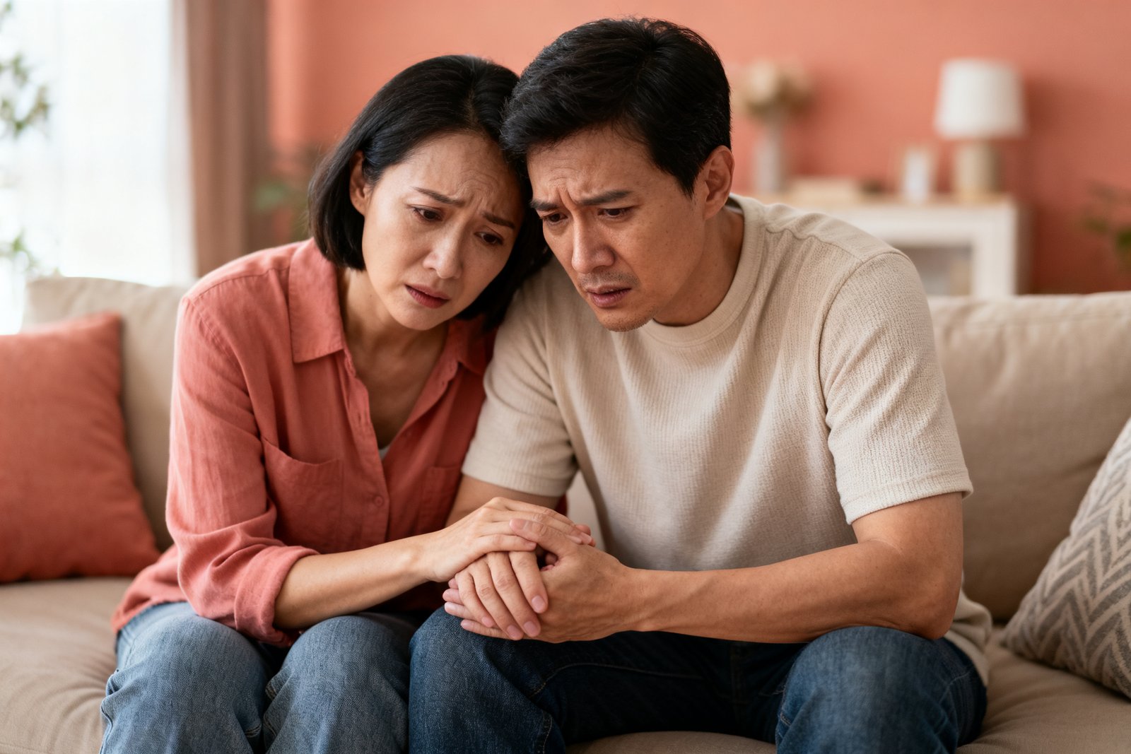 Two people talking closely with concern and care