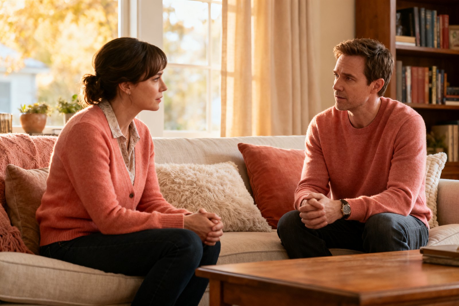 Two people talking seriously but gently on the couch