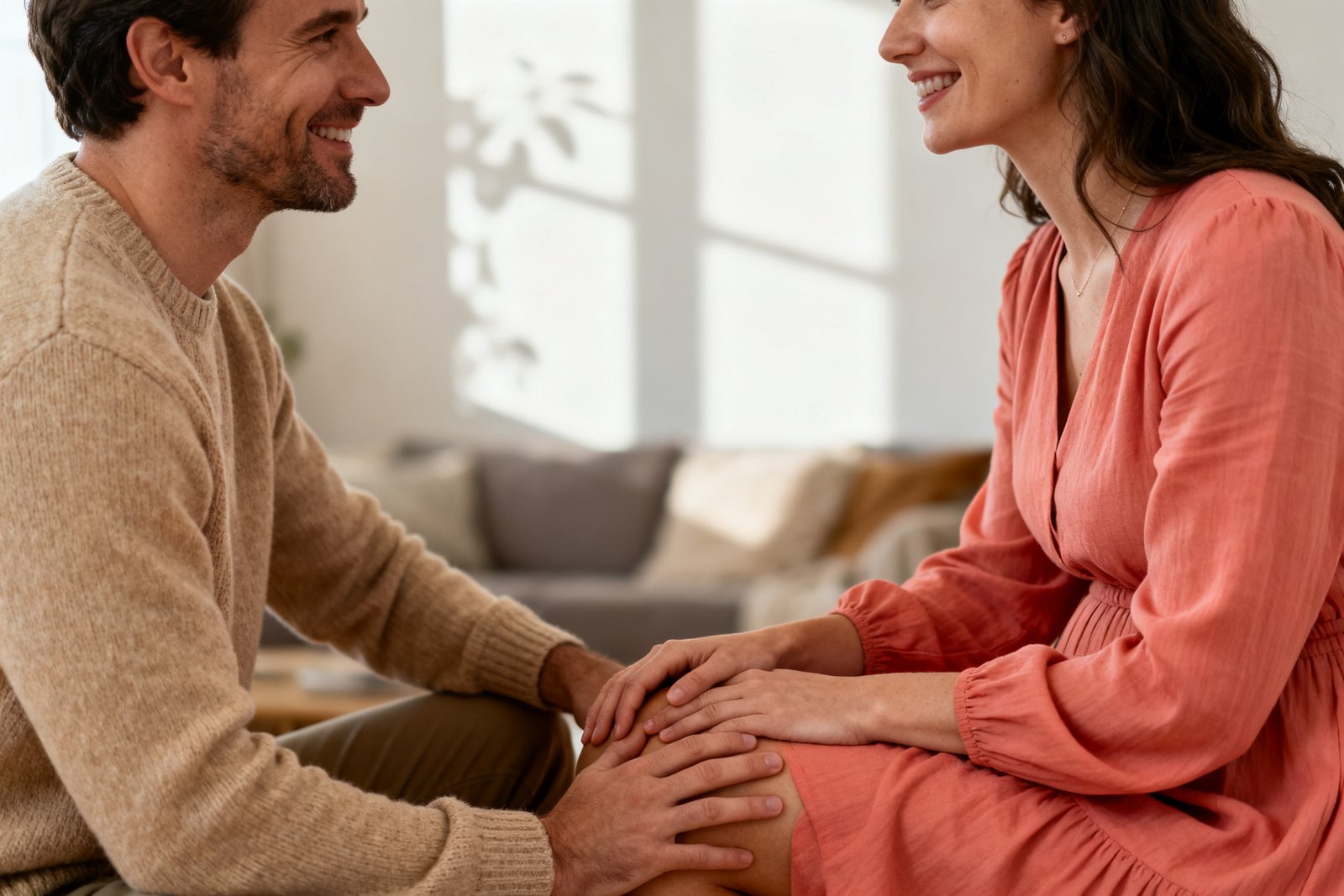 A couple sitting knee to knee in gentle conversation