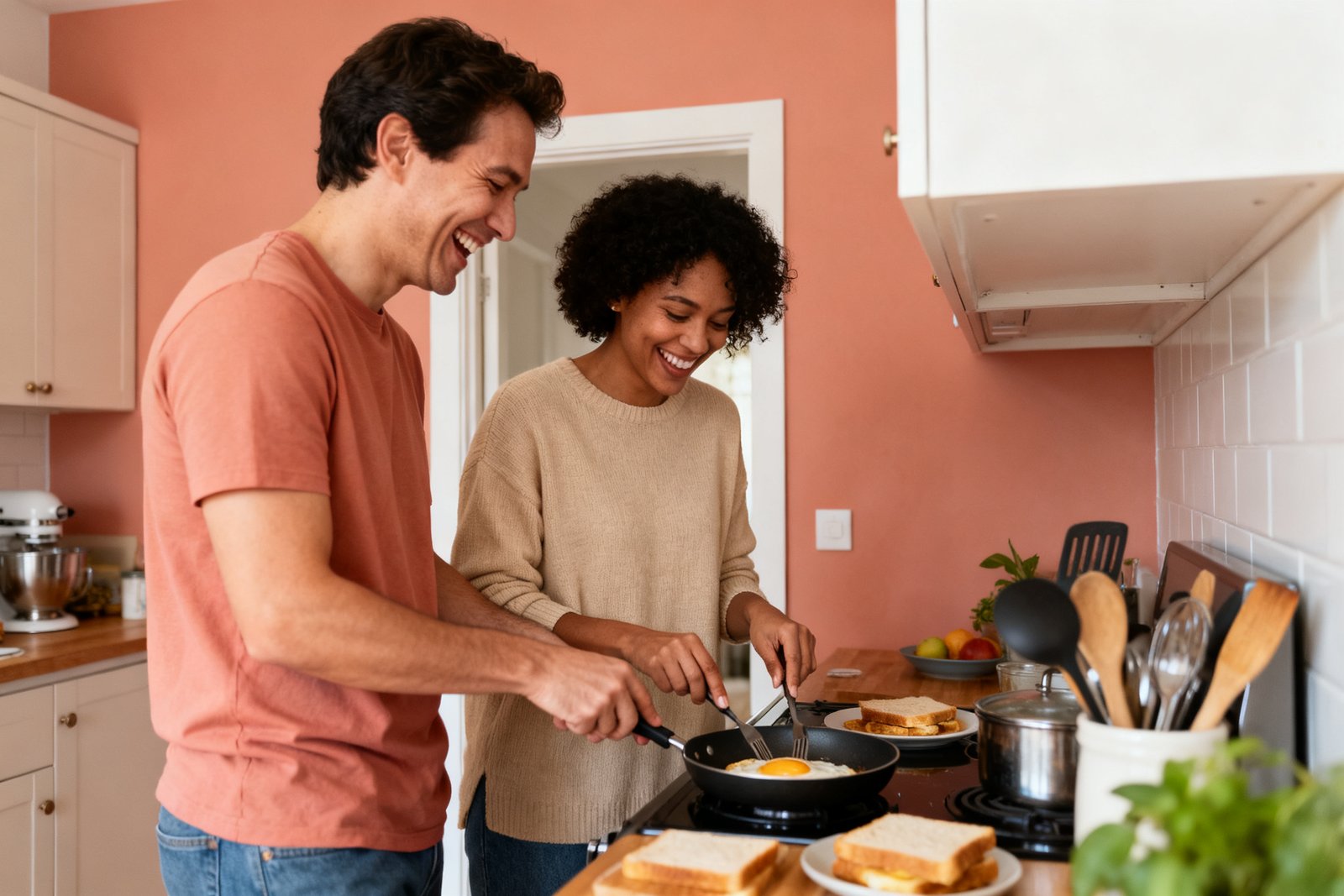 Two people making breakfast together, laughing