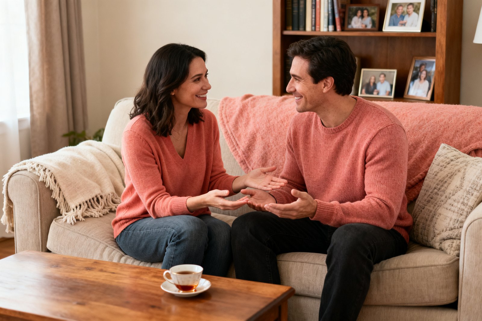 A couple reconnecting with cautious, hopeful smiles