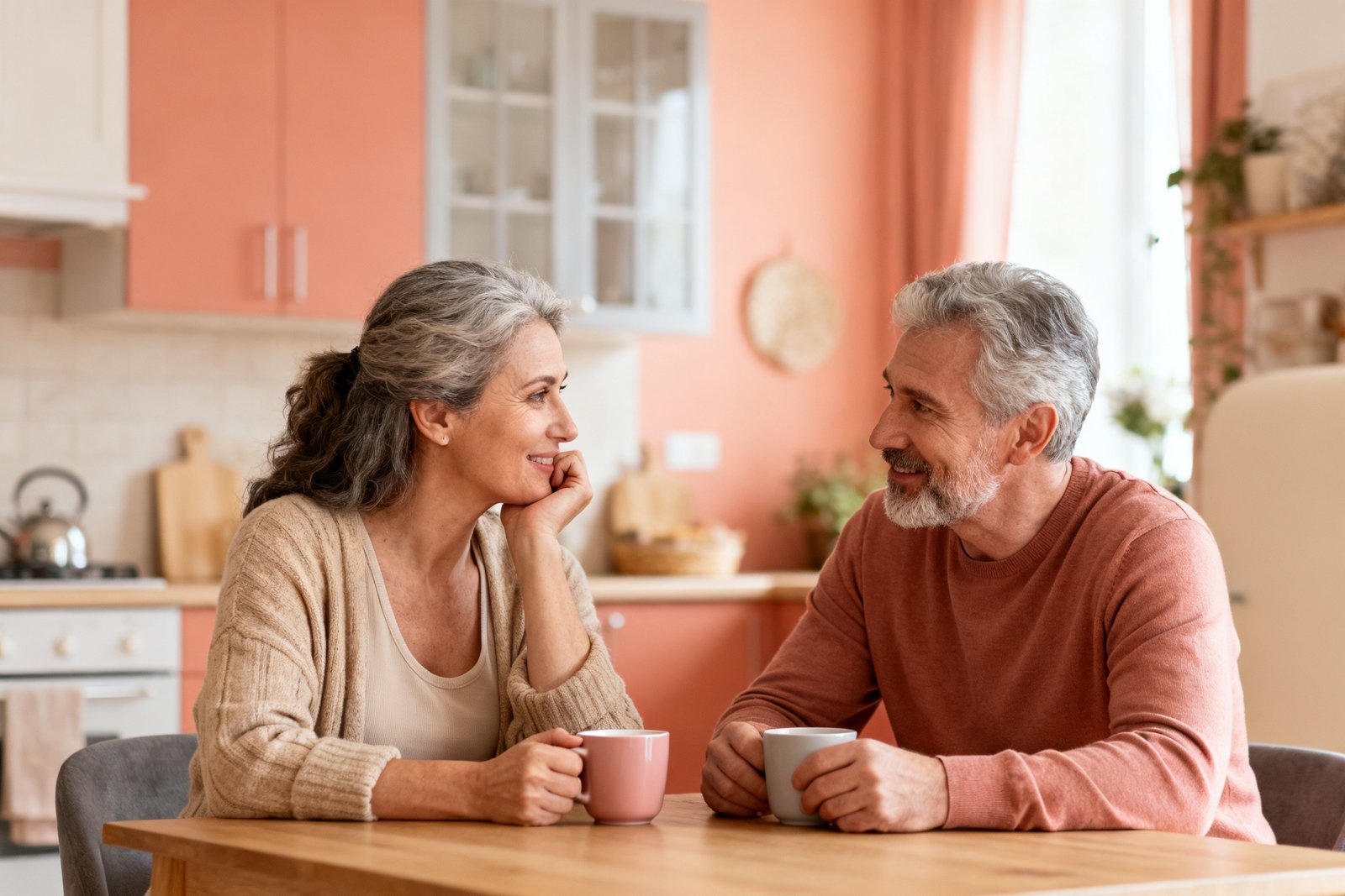 A married couple reconnecting over coffee at a kitchen table, thoughtful and warm