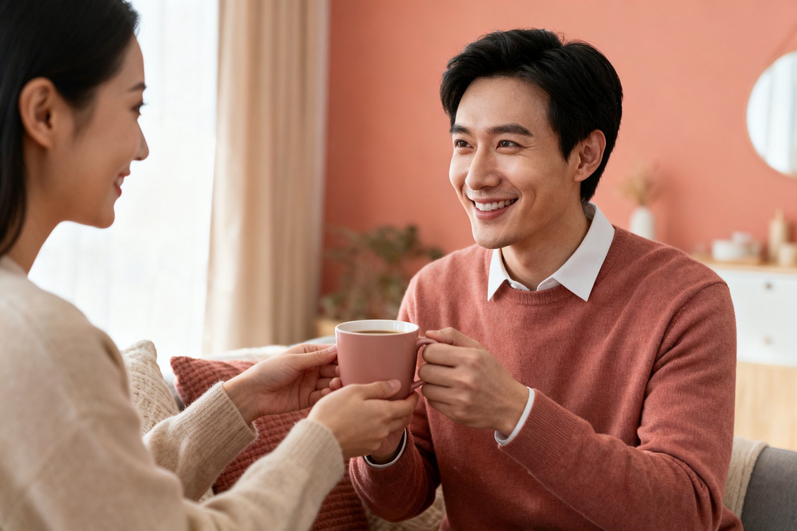 A couple sharing a small loving gesture, one handing the other a warm cup of coffee with a smile