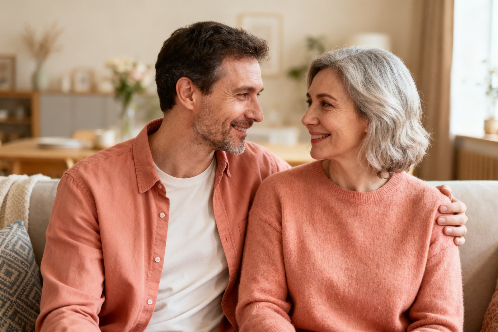 Two people sitting close with gentle, caring expressions