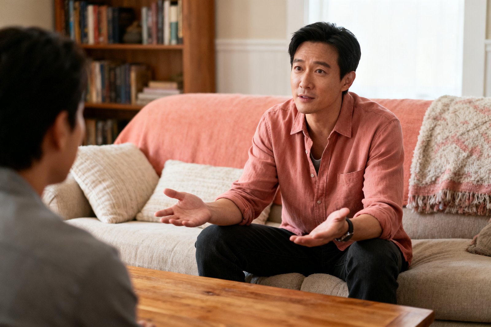 A person listening thoughtfully while their partner speaks, relaxed open hands