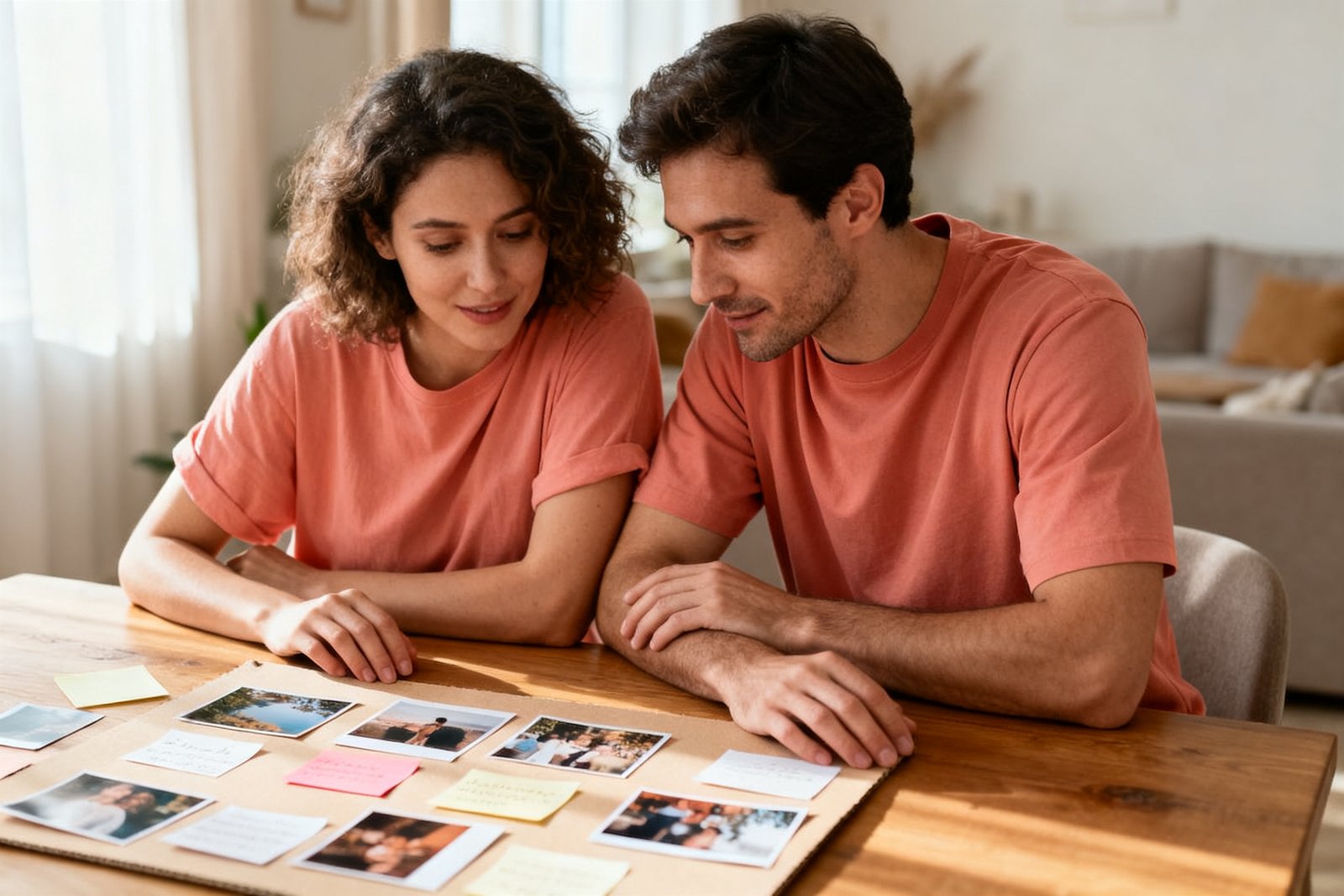 A couple looking at a simple vision board together