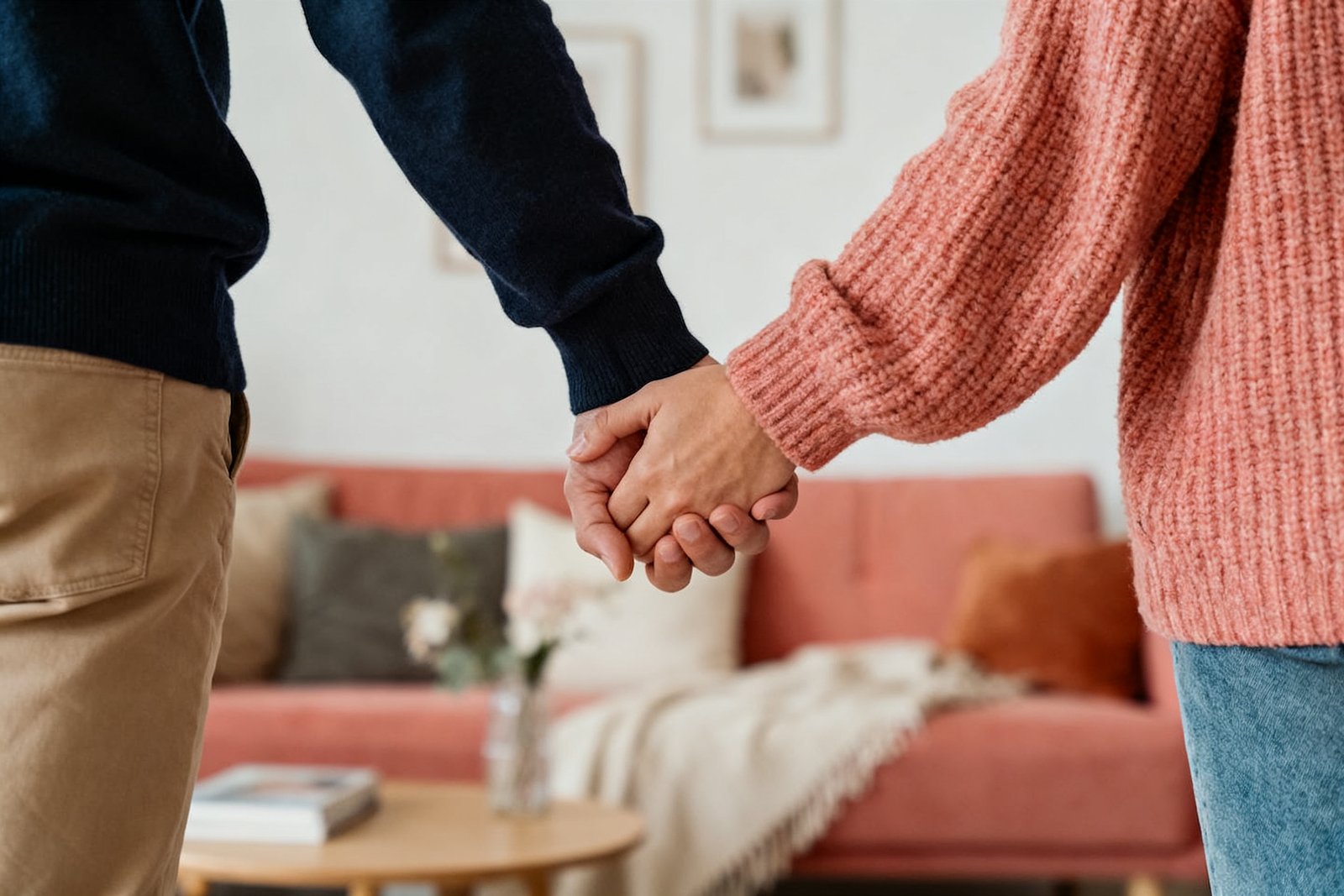 A couple holding hands during an ordinary, cozy moment at home