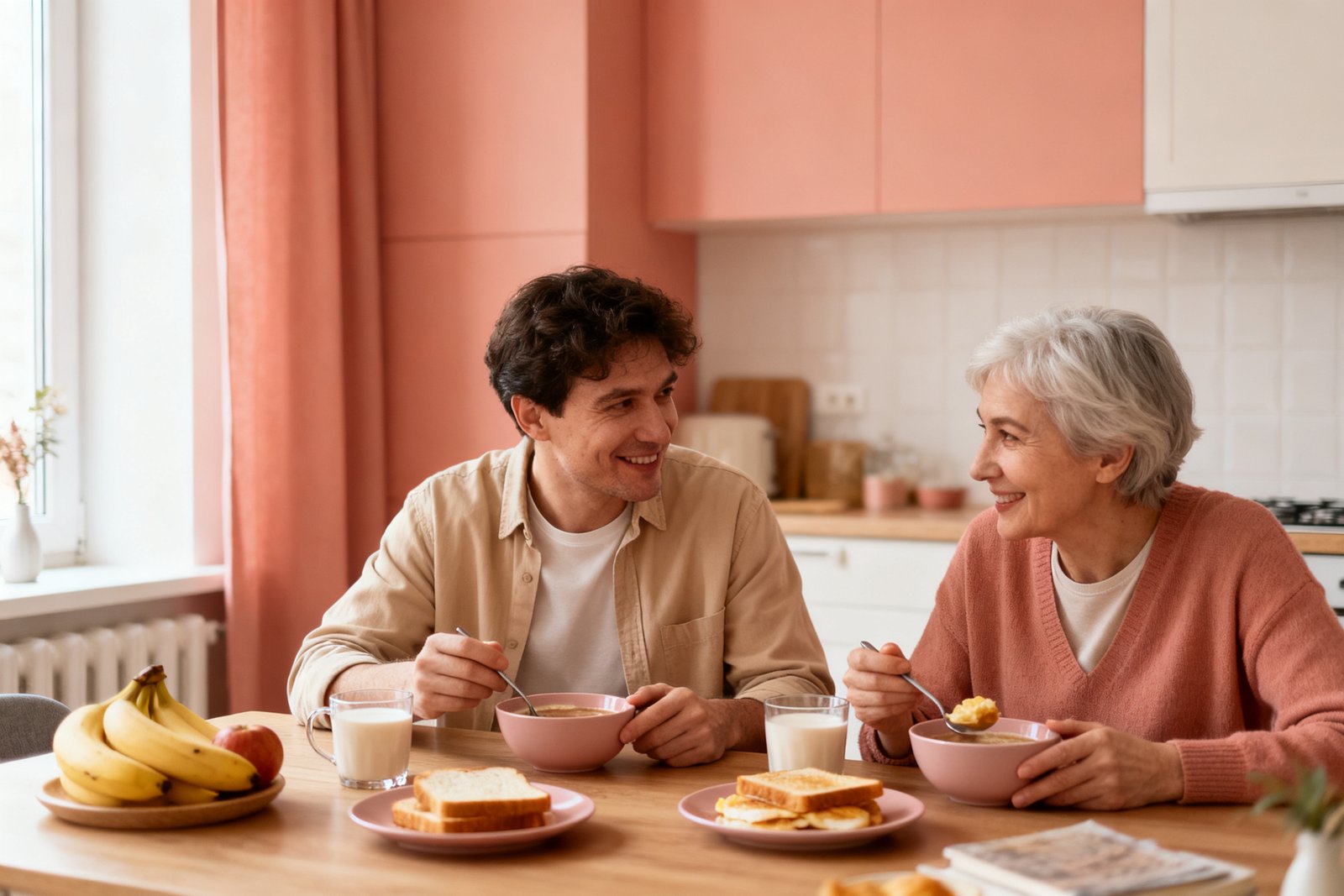 Two people enjoying a quick, warm breakfast together