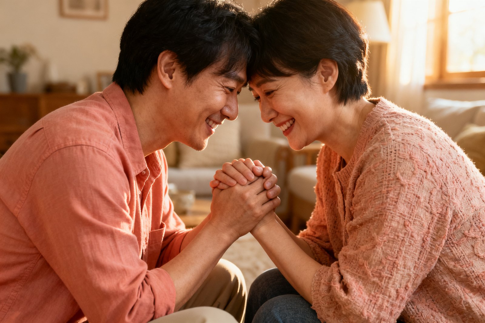 Two people holding hands and smiling closely