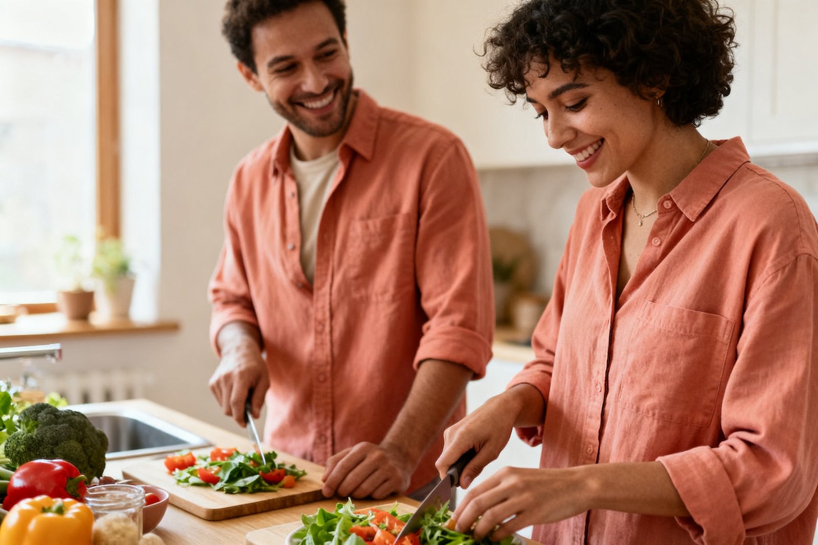 Two people preparing a healthy meal together, smiling