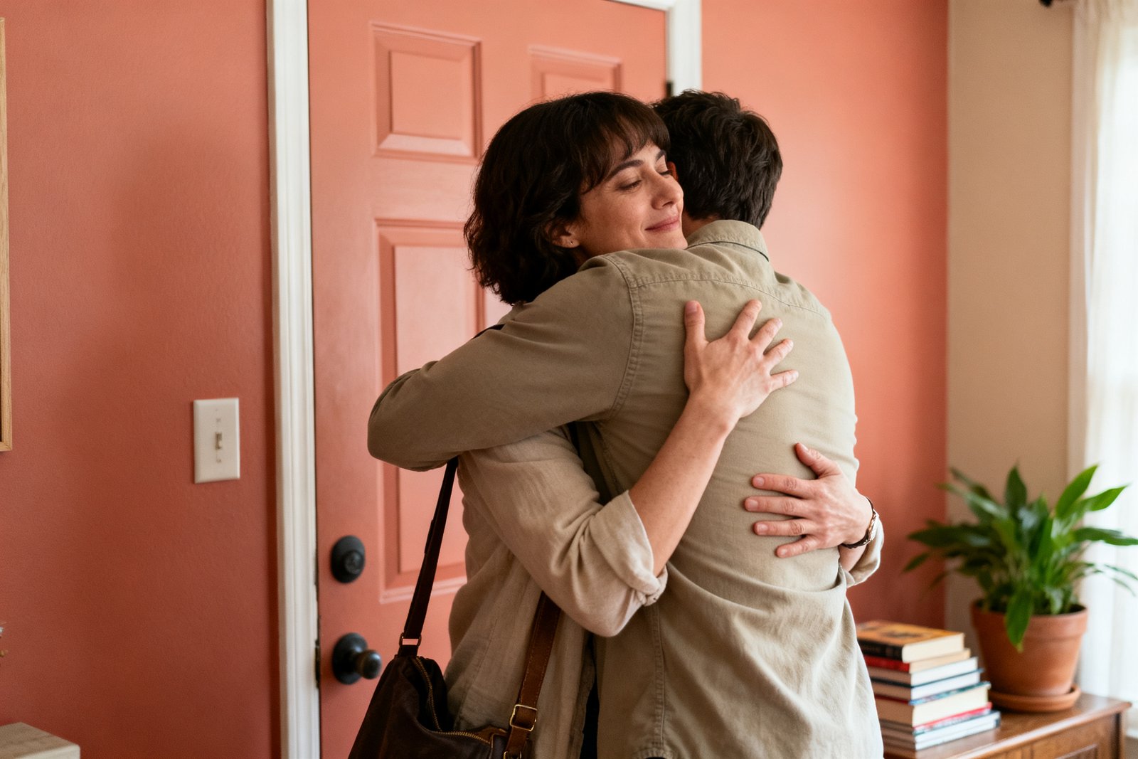 Two people checking in with a quick hug before heading out
